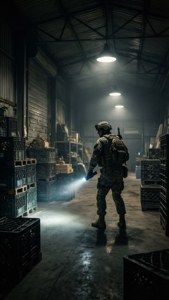 士兵持手電筒在佈滿板條箱的黑暗倉庫中前行。 — 使命召喚：現代戰爭 壁紙
