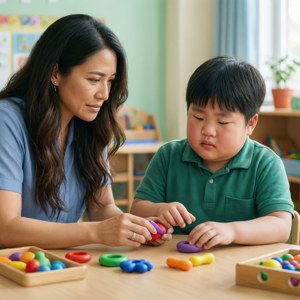 老師和小孩在木桌上玩形狀分類玩具。