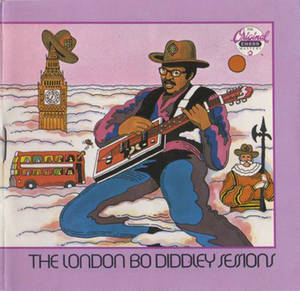 Bo Diddley 在漂浮的倫敦地標（包括大笨鐘和紅色巴士）中彈結他。 — 音樂 GIF 壁紙