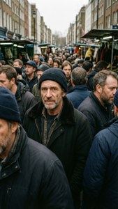 一個戴黑色冷帽的男人在擁擠的戶外市場向前看。