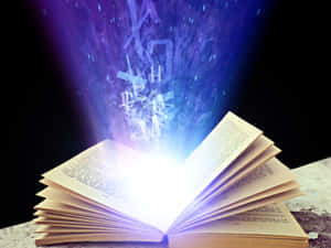打開的書本閃爍著魔法文字，向上飄浮。