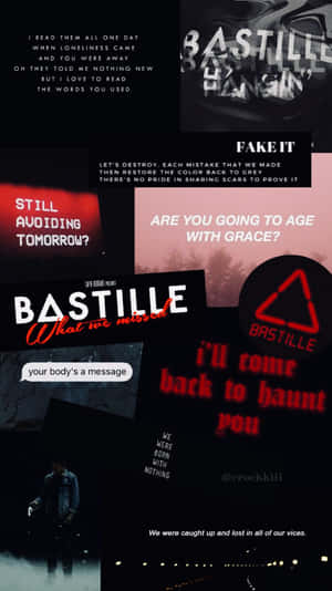 Bastille 歌詞拼貼畫，在深色背景上以紅色和白色文字呈現。 — AMOLED 壁紙