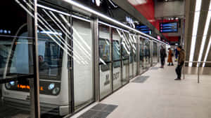 乘客在現代地鐵站等候，列車抵達時帶有玻璃門。