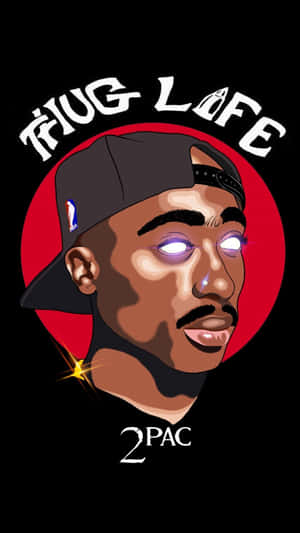 2Pac 的肖像，帶有發光的眼睛和紅色圓圈中的「Thug Life」文字。