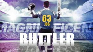 板球運動員 Jos Buttler 在球場用球棒和頭盔慶祝。