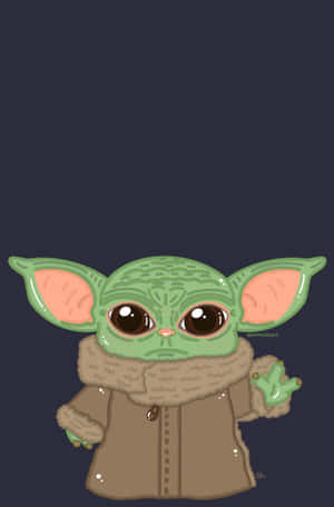 Baby Yoda 穿著棕色外套和圍巾揮手。