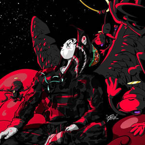 黑色翅膀的動漫角色在星空下斜倚在紅色行星上。