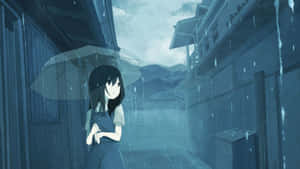 動漫女孩在雨中巷弄撐傘，木建築之間 — 雨 壁紙
