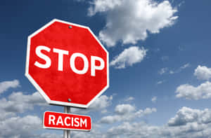 停車標誌下方有「racism」，以藍天白雲為背景。