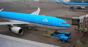 荷蘭皇家航空飛機停在機場閘口，有地勤人員和設備