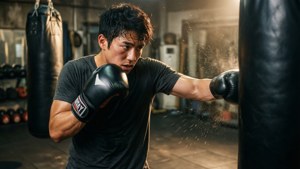 拳擊手在健身房中擊打重型沙袋，汗水飛濺。