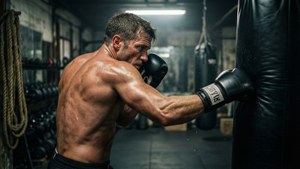 一個赤裸上身嘅男人喺燈光昏暗嘅健身室入面，可以見到繩索同槓鈴，打緊一個重型沙包。