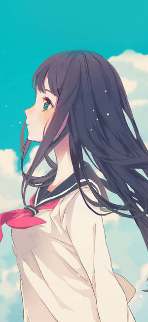 穿著校服的動漫女孩仰望有雲朵和閃光的明亮天空。 — 可愛動漫女仔 壁紙