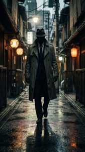 一個穿著 trench coat 和 fedora 帽的男人在雨夜的城市小巷中行走。