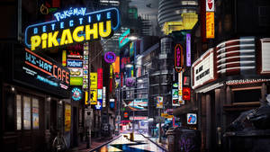 夜晚霓虹燈照亮嘅寵物小精靈主題街道，濕漉漉嘅路面同倒影。
