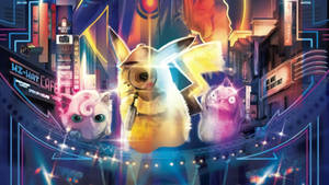三隻 Pokémon 在夜間懸浮在霓虹燈照亮的未來城市上空。