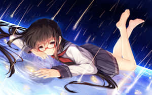 穿著校服的女孩在流星下漂浮於夜空