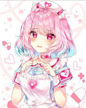 動漫女孩穿著粉紅色護士服，背景有心形和櫻花 — 粉紅動漫美學 壁紙
