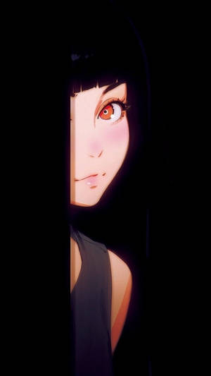 紅眼睛的動漫女孩從黑暗中窺視的戲劇性肖像。 — 可愛動漫女仔 壁紙