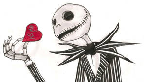 Jack Skellington 手持一個帶有漩渦的紅色心形，以黑白素描呈現。