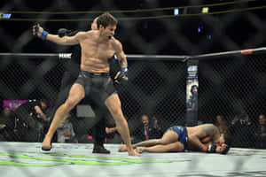 MMA拳手在八角籠中慶祝戰勝倒下的對手。