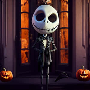 Jack Skellington 企喺門口，兩邊有南瓜燈。