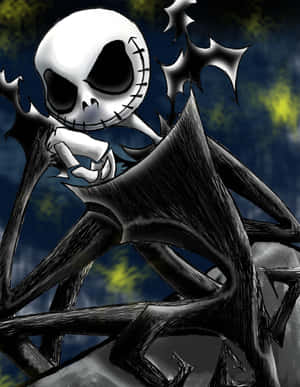 動畫骷髏角色，臉上縫合，帶蝙蝠翅膀，背景黑暗。 — Jack skellington GIF 壁紙