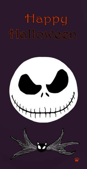「Happy Halloween」文字在白色骷髏頭上方，帶有縫合的笑容，下方有蝙蝠。