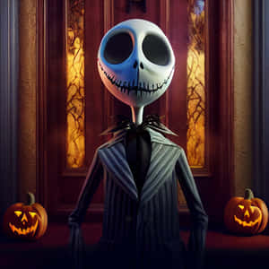 穿著條紋西裝的 Jack Skellington 在宏偉的門口被閃閃發光的南瓜燈包圍。