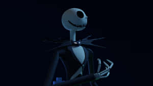 Jack Skellington 穿著他的招牌西裝，站在深藍色星星背景前。