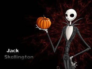Jack Skellington 在深紅色蜘蛛網背景中拿著一個南瓜。