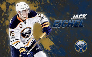冰球運動員 Jack Eichel 穿著 Buffalo Sabres 制服，手持球桿。 — 運動 壁紙