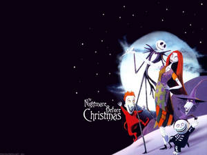 Jack Skellington 和 Sally 與 Zero 和市長在《聖誕夜驚魂》的滿月下。
