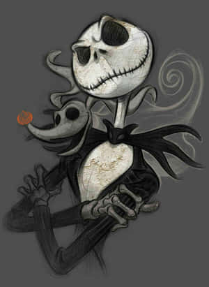 骷髏角色帶著縫合的笑容，抱著一個小南瓜頭夥伴。 — Jack skellington GIF 壁紙