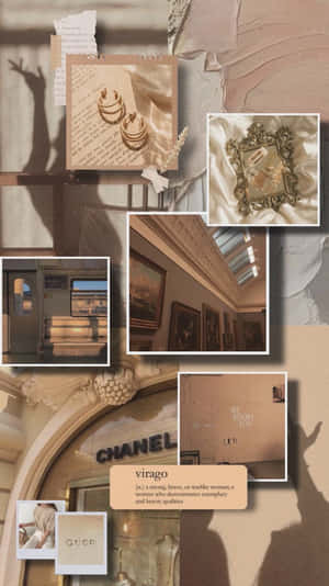 復古時尚拼貼畫，包含 Chanel 和 Gucci 標誌、香水瓶和華麗框架，採用溫暖的米色調。