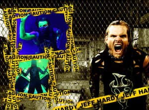 摔角手 Jeff Hardy 在鐵絲網後面，帶有警示膠帶和霓虹圖像。