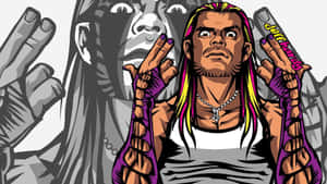 摔角手 Jeff Hardy 擁有色彩繽紛的頭髮和紫色腕帶，做出和平手勢。 — 插畫 壁紙