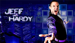 摔角手 Jeff Hardy 在霓虹燈照亮的城市天際線前擺出動態姿勢。