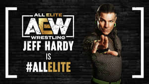 摔角手 Jeff Hardy 身穿黑色網狀服裝，在磚牆背景上帶有 AEW 標誌指向前方。