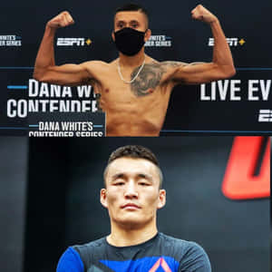 兩名男性MMA拳手，一名赤裸上身展示獅子紋身，另一名身穿藍色襯衫表情嚴肅