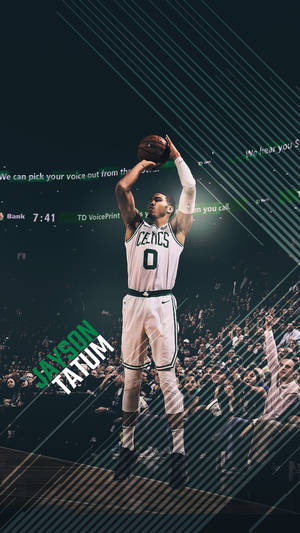 Jayson Tatum 在塞爾特人比賽中投籃，帶有數碼圖形和歡呼的人群。