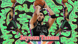 籃球運動員 Jayson Tatum 身穿塞爾特人球衣，在迷幻背景下投籃。