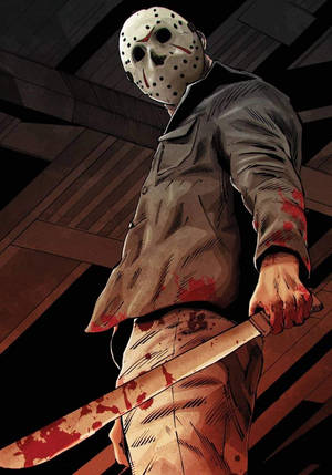 恐怖角色 Jason Voorhees 在黑暗的木質環境中手持血淋淋的大砍刀。
