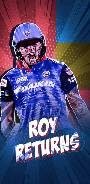 身穿藍色裝備的板球運動員，帶有漫畫風格的「ROY RETURNS」文字。 — Dc 漫畫 GIF 壁紙