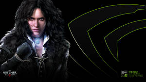 穿著深色大衣的獵魔士角色，背後有發光的綠色Nvidia標誌。