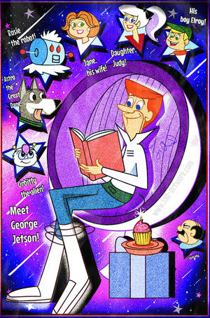 George Jetson 同家人同寵物喺一個太空主題嘅卡通場景中睇書。 — 復古 壁紙