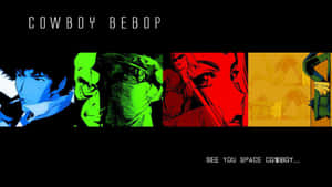 Cowboy Bebop 動畫角色在彩色面板中，附標題和告別文字。