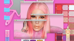 粉紅色桌面帶有Jeffree Star視窗和化妝品