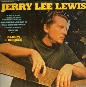 Jerry Lee Lewis 喺復古專輯封面上，配有粗體黃色文字同深色背景。 — Galaxy Z Flip7 FE 壁紙