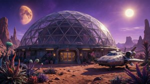 外星行星上的未來風格玻璃穹頂棲息地，太空船停泊在雙月下。